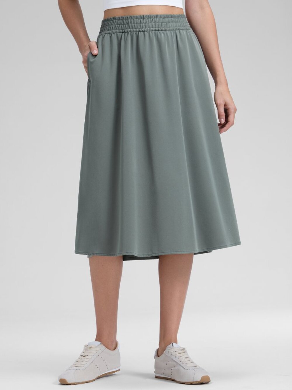 Feathery-Fit Drapey Pockets Midi Skirt
